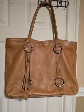 Frye Caramel Tan Leather Tote with Braided Strap & Tassel